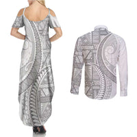 Tonga White Sunday Couples Matching Summer Maxi Dress and Long Sleeve Button Shirt Lotu Tamaiti Ngatu Tribal LT9 - Polynesian Pride