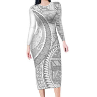Tonga White Sunday Long Sleeve Bodycon Dress Lotu Tamaiti Ngatu Tribal LT9 Long Dress White - Polynesian Pride