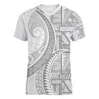 Tonga White Sunday Women V-Neck T-Shirt Lotu Tamaiti Ngatu Tribal LT9 Female White - Polynesian Pride