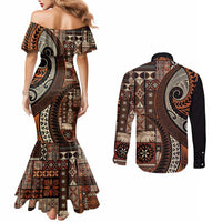 Vintage Samoa Siapo Mamanu Couples Matching Mermaid Dress and Long Sleeve Button Shirt Brown Samoan Tapa Motif LT9 - Polynesian Pride