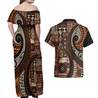 Vintage Samoa Siapo Mamanu Couples Matching Off Shoulder Maxi Dress and Hawaiian Shirt Brown Samoan Tapa Motif LT9 - Polynesian Pride