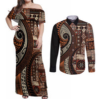 Vintage Samoa Siapo Mamanu Couples Matching Off Shoulder Maxi Dress and Long Sleeve Button Shirt Brown Samoan Tapa Motif LT9 Brown - Polynesian Pride