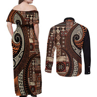 Vintage Samoa Siapo Mamanu Couples Matching Off Shoulder Maxi Dress and Long Sleeve Button Shirt Brown Samoan Tapa Motif LT9 - Polynesian Pride