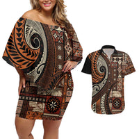 Vintage Samoa Siapo Mamanu Couples Matching Off Shoulder Short Dress and Hawaiian Shirt Brown Samoan Tapa Motif LT9 Brown - Polynesian Pride