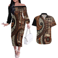 Vintage Samoa Siapo Mamanu Couples Matching Off The Shoulder Long Sleeve Dress and Hawaiian Shirt Brown Samoan Tapa Motif LT9 Brown - Polynesian Pride