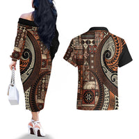 Vintage Samoa Siapo Mamanu Couples Matching Off The Shoulder Long Sleeve Dress and Hawaiian Shirt Brown Samoan Tapa Motif LT9 - Polynesian Pride