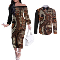 Vintage Samoa Siapo Mamanu Couples Matching Off The Shoulder Long Sleeve Dress and Long Sleeve Button Shirt Brown Samoan Tapa Motif LT9 Brown - Polynesian Pride