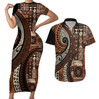 Vintage Samoa Siapo Mamanu Couples Matching Short Sleeve Bodycon Dress and Hawaiian Shirt Brown Samoan Tapa Motif LT9 Brown - Polynesian Pride