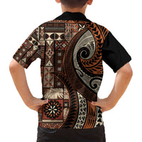 Vintage Samoa Siapo Mamanu Family Matching Off The Shoulder Long Sleeve Dress and Hawaiian Shirt Brown Samoan Tapa Motif LT9 - Polynesian Pride