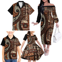Vintage Samoa Siapo Mamanu Family Matching Off The Shoulder Long Sleeve Dress and Hawaiian Shirt Brown Samoan Tapa Motif LT9 - Polynesian Pride