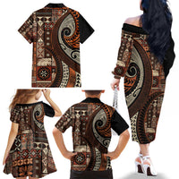 Vintage Samoa Siapo Mamanu Family Matching Off The Shoulder Long Sleeve Dress and Hawaiian Shirt Brown Samoan Tapa Motif LT9 - Polynesian Pride