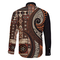 Vintage Samoa Siapo Mamanu Family Matching Off The Shoulder Long Sleeve Dress and Hawaiian Shirt Brown Samoan Tapa Motif LT9 - Polynesian Pride