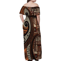 Vintage Samoa Siapo Mamanu Family Matching Off Shoulder Maxi Dress and Hawaiian Shirt Brown Samoan Tapa Motif LT9 - Polynesian Pride