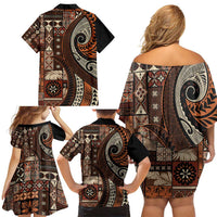 Vintage Samoa Siapo Mamanu Family Matching Off Shoulder Short Dress and Hawaiian Shirt Brown Samoan Tapa Motif LT9 - Polynesian Pride