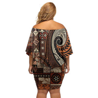 Vintage Samoa Siapo Mamanu Family Matching Off Shoulder Short Dress and Hawaiian Shirt Brown Samoan Tapa Motif LT9 - Polynesian Pride