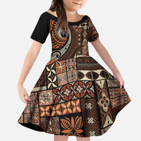 Vintage Samoa Siapo Mamanu Family Matching Puletasi and Hawaiian Shirt Brown Samoan Tapa Motif LT9 Daughter's Dress Brown - Polynesian Pride