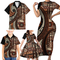 Vintage Samoa Siapo Mamanu Family Matching Short Sleeve Bodycon Dress and Hawaiian Shirt Brown Samoan Tapa Motif LT9 - Polynesian Pride