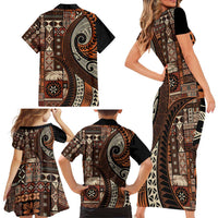 Vintage Samoa Siapo Mamanu Family Matching Short Sleeve Bodycon Dress and Hawaiian Shirt Brown Samoan Tapa Motif LT9 - Polynesian Pride