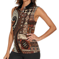 Vintage Samoa Siapo Mamanu Women Sleeveless Polo Shirt Brown Samoan Tapa Motif LT9 - Polynesian Pride