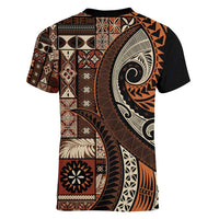 Vintage Samoa Siapo Mamanu Women V-Neck T-Shirt Brown Samoan Tapa Motif LT9 - Polynesian Pride