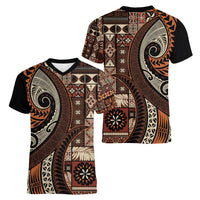 Vintage Samoa Siapo Mamanu Women V-Neck T-Shirt Brown Samoan Tapa Motif LT9 - Polynesian Pride