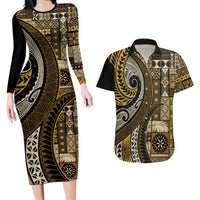 Vintage Samoa Siapo Mamanu Couples Matching Long Sleeve Bodycon Dress and Hawaiian Shirt Gold Samoan Tapa Motif LT9 Gold - Polynesian Pride