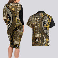 Vintage Samoa Siapo Mamanu Couples Matching Long Sleeve Bodycon Dress and Hawaiian Shirt Gold Samoan Tapa Motif LT9 - Polynesian Pride