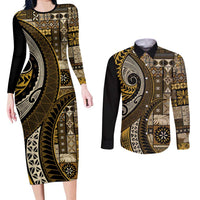 Vintage Samoa Siapo Mamanu Couples Matching Long Sleeve Bodycon Dress and Long Sleeve Button Shirt Gold Samoan Tapa Motif LT9 Gold - Polynesian Pride