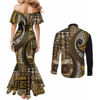 Vintage Samoa Siapo Mamanu Couples Matching Mermaid Dress and Long Sleeve Button Shirt Gold Samoan Tapa Motif LT9 - Polynesian Pride
