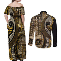 Vintage Samoa Siapo Mamanu Couples Matching Off Shoulder Maxi Dress and Long Sleeve Button Shirt Gold Samoan Tapa Motif LT9 - Polynesian Pride