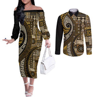 Vintage Samoa Siapo Mamanu Couples Matching Off The Shoulder Long Sleeve Dress and Long Sleeve Button Shirt Gold Samoan Tapa Motif LT9 Gold - Polynesian Pride