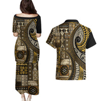 Vintage Samoa Siapo Mamanu Couples Matching Puletasi and Hawaiian Shirt Gold Samoan Tapa Motif LT9 - Polynesian Pride