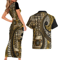 Vintage Samoa Siapo Mamanu Couples Matching Short Sleeve Bodycon Dress and Hawaiian Shirt Gold Samoan Tapa Motif LT9 - Polynesian Pride