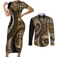 Vintage Samoa Siapo Mamanu Couples Matching Short Sleeve Bodycon Dress and Long Sleeve Button Shirt Gold Samoan Tapa Motif LT9 Gold - Polynesian Pride