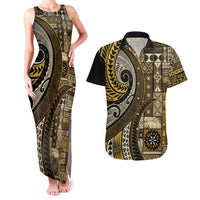 Vintage Samoa Siapo Mamanu Couples Matching Tank Maxi Dress and Hawaiian Shirt Gold Samoan Tapa Motif LT9 Gold - Polynesian Pride