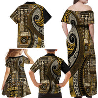 Vintage Samoa Siapo Mamanu Family Matching Off Shoulder Maxi Dress and Hawaiian Shirt Gold Samoan Tapa Motif LT9 - Polynesian Pride