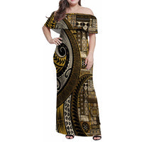 Vintage Samoa Siapo Mamanu Family Matching Off Shoulder Maxi Dress and Hawaiian Shirt Gold Samoan Tapa Motif LT9 Mom's Dress Gold - Polynesian Pride