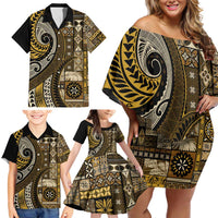 Vintage Samoa Siapo Mamanu Family Matching Off Shoulder Short Dress and Hawaiian Shirt Gold Samoan Tapa Motif LT9 - Polynesian Pride