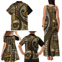 Vintage Samoa Siapo Mamanu Family Matching Tank Maxi Dress and Hawaiian Shirt Gold Samoan Tapa Motif LT9 - Polynesian Pride