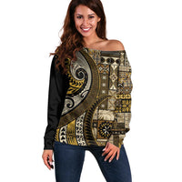Vintage Samoa Siapo Mamanu Off Shoulder Sweater Gold Samoan Tapa Motif - Polynesian Pride