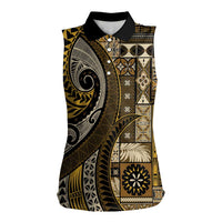 Vintage Samoa Siapo Mamanu Women Sleeveless Polo Shirt Gold Samoan Tapa Motif LT9 Female Gold - Polynesian Pride