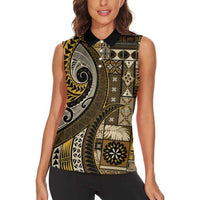 Vintage Samoa Siapo Mamanu Women Sleeveless Polo Shirt Gold Samoan Tapa Motif LT9 - Polynesian Pride