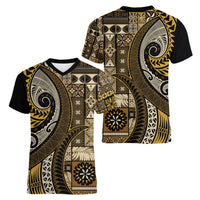Vintage Samoa Siapo Mamanu Women V-Neck T-Shirt Gold Samoan Tapa Motif LT9 - Polynesian Pride