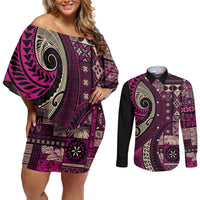Vintage Samoa Siapo Mamanu Couples Matching Off Shoulder Short Dress and Long Sleeve Button Shirt Pink Samoan Tapa Motif LT9 Pink - Polynesian Pride