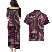 Vintage Samoa Siapo Mamanu Couples Matching Puletasi and Hawaiian Shirt Pink Samoan Tapa Motif LT9 - Polynesian Pride