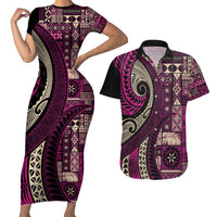 Vintage Samoa Siapo Mamanu Couples Matching Short Sleeve Bodycon Dress and Hawaiian Shirt Pink Samoan Tapa Motif LT9 Pink - Polynesian Pride