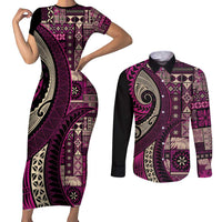 Vintage Samoa Siapo Mamanu Couples Matching Short Sleeve Bodycon Dress and Long Sleeve Button Shirt Pink Samoan Tapa Motif LT9 Pink - Polynesian Pride