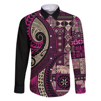 Vintage Samoa Siapo Mamanu Family Matching Long Sleeve Bodycon Dress and Hawaiian Shirt Pink Samoan Tapa Motif LT9 Dad's Shirt - Long Sleeve Pink - Polynesian Pride