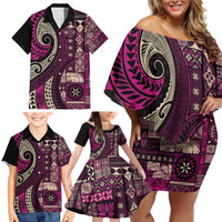Vintage Samoa Siapo Mamanu Family Matching Off Shoulder Short Dress and Hawaiian Shirt Pink Samoan Tapa Motif LT9 - Polynesian Pride