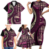 Vintage Samoa Siapo Mamanu Family Matching Short Sleeve Bodycon Dress and Hawaiian Shirt Pink Samoan Tapa Motif LT9 - Polynesian Pride